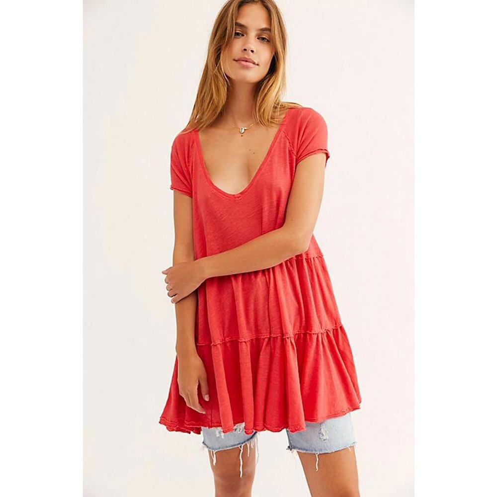 We The Free Coral Red Tiered Tunic Top